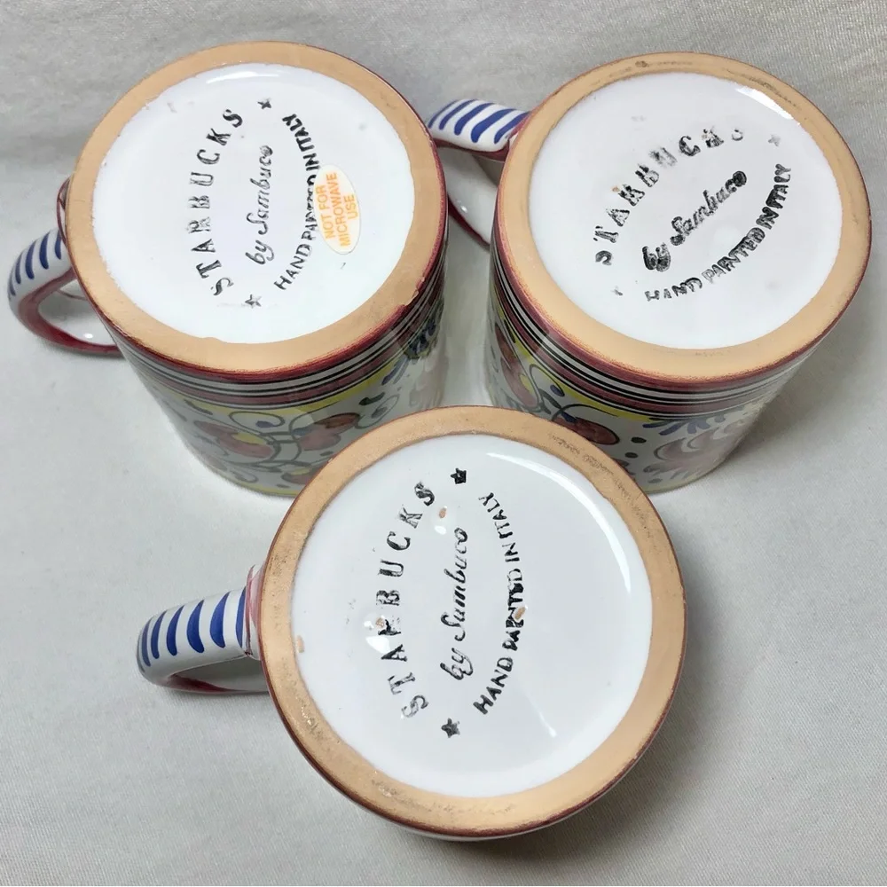 Starbucks Sambuco Pottery 3 Mug Set Deruta Style Pink Rooster Handpainted Italy